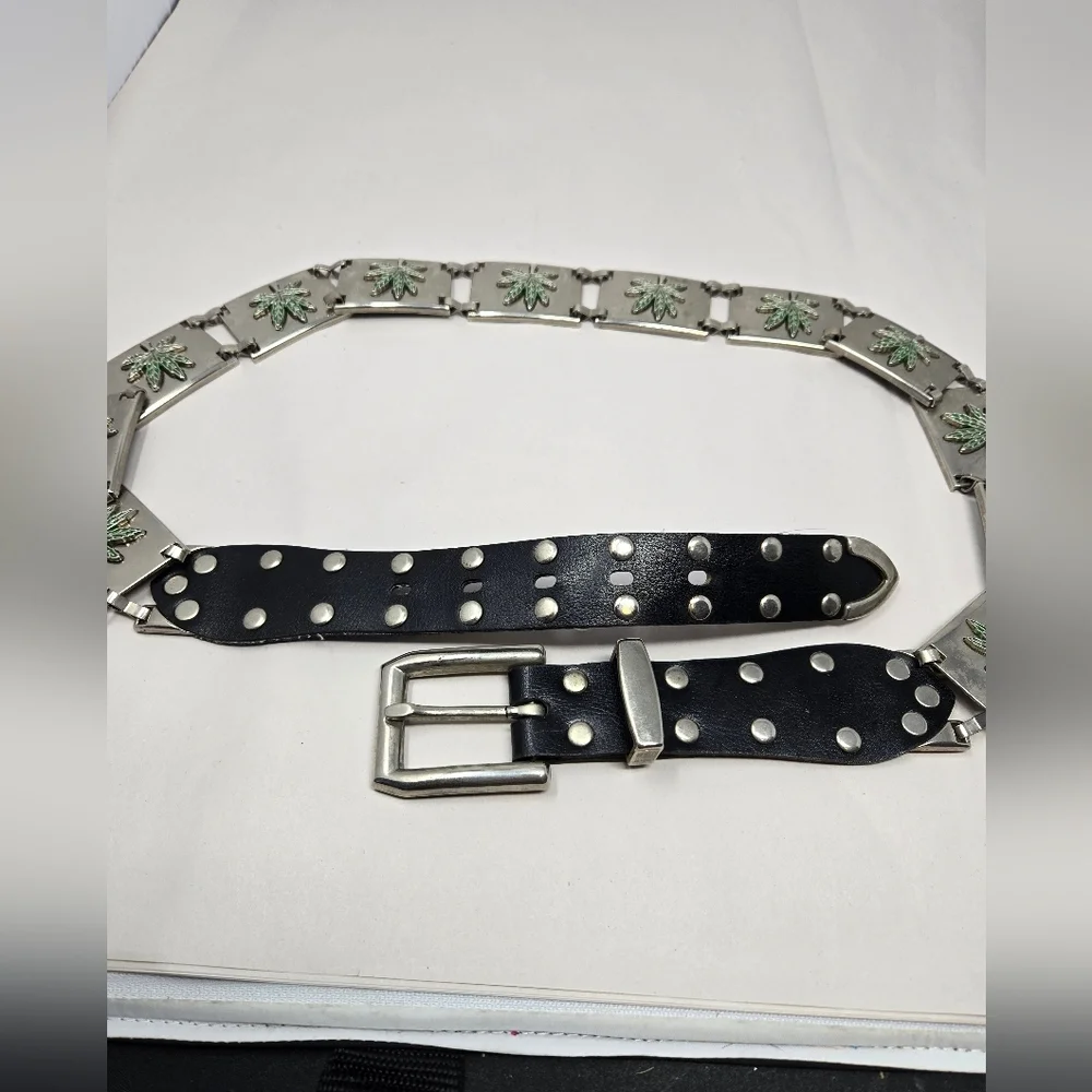 Black Leather Studded XL Mens Belt Linked Silver Tone 3d Green Marijuana Leafs